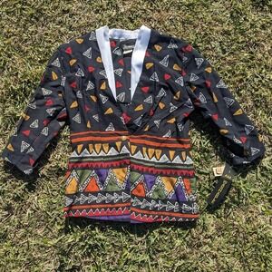 Vintage 80s Geometric Blazer Jacket Black Size 10 Grunge Tribal Button Up Retro